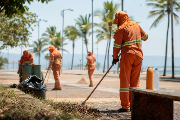 Trabalhadores da limpeza urbana atuam em área pública de Palmas durante período de calor intenso.
