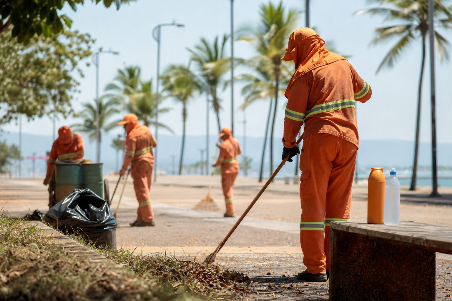 Trabalhadores da limpeza urbana atuam em área pública de Palmas durante período de calor intenso.